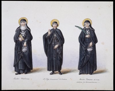 Kostymer: 1. Santa Ubaldesca, 2. St Ugo di Genova, 3. Santa Toscana di Vita. sd. 1800-talet. av Unknown artist