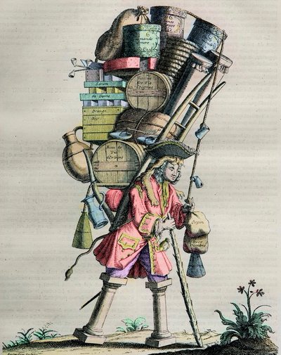 Kostymer från Parisa genom århundradet - Gravyr nr. 81 med titeln "Admire la Force" - Karikatyr gjord av drogister mot Armand Nompar II de Caumont (1679-1761) Hertigen av La Force anklagar för monopol 1721 av Unknown artist