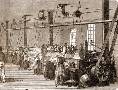 Bomullsvävverkstad. 1860 gravyr. av Unknown artist