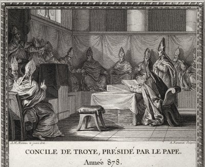 Konciliet i Troye den 7 september 878. I maj 878 kom påven Johannes VIII, hotad av saracener och italienska adelsmän, för att ta sin tillflykt till Arles under hertig Boson och hans hustru Ermengarde. Han följer med honom i Troyes eller håller på att organ av Unknown artist