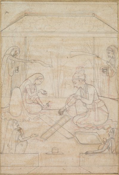 Par som spelar Chaupar på en terrass av Unknown artist