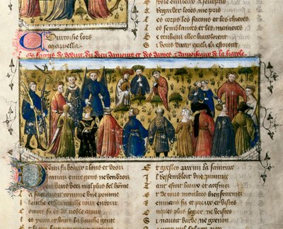 Rättsunderhållning: danser och spel. Scenen utspelar sig i närvaro av gudarna kärlek, skönhet, leverans, franchise, artighet och ungdom. Miniatyr från "" The Roman of the Rose ". Valencia från 1300-talet. Universitetsbiblioteket. ©AISA/Leemage av Unknown artist