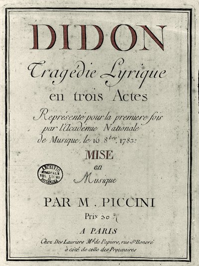 Omslag till librettot till operan "" Didon "" av kompositören Niccolo Vito Piccinni (eller Piccini) (1728-1800). 1783 av Unknown artist
