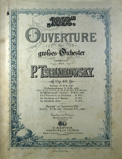 Omslag till öppningspartituren "" Året 1812""" opus 49 av Piotr eller Pjotr Iljitj Tjajkovskij (eller Tjajkovskij eller Cajkovskij eller Tschaikowskij av Unknown artist