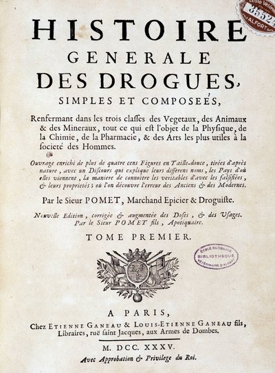 Försättsblad till "Allmän historia om droger, singel och komponerad" av Pomet av Unknown artist