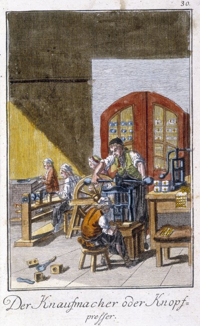 Hantverk: tillverkaren av knappar i sin verkstad. I "" Omfattande beskrivning av konsthantverk och workshops för unga"" av Johan Peter Vue. Ed. Nürnberg, Weigel och Schneider av Unknown artist