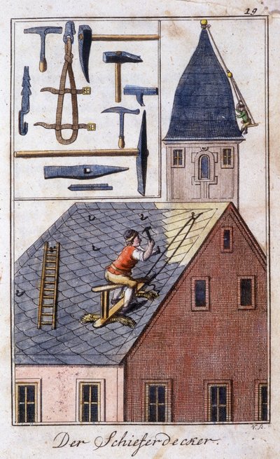 Hantverk: takläggaren och dess arbetsredskap. I "" Omfattande beskrivning av konsthantverk och workshops för ungdomar"" av Johan Peter Vue. Ed. Nürnberg, Weigel och Schneider av Unknown artist