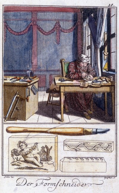 Hantverk: träbearbetningsgravören (och hans arbetsredskap) i sin verkstad. I "" Omfattande beskrivning av konsthantverk och workshops för ungdomar"" av Johan Peter Vue. Ed. Nürnberg, Weigel och Schneider av Unknown artist