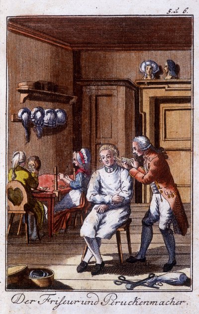 Hantverk: frisör och peruk i sin verkstad. I "" Omfattande beskrivning av konsthantverk och workshops för unga"" av Johan Peter Vue. Ed. Nürnberg, Weigel och Schneider av Unknown artist