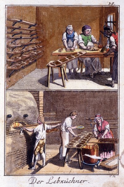 Hantverk: pepparkaksmakaren i sin verkstad. I "" Omfattande beskrivning av konsthantverk och workshops för unga"" av Johan Peter Vue. Ed. Nürnberg, Weigel och Schneider av Unknown artist