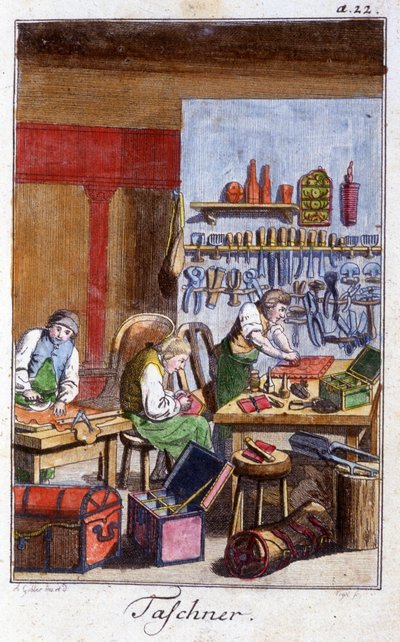 Hantverk: pochetiern och gibeciern i deras verkstad. I "" Omfattande beskrivning av konsthantverk och workshops för ungdomar"" av Johan Peter Vue. Ed. Nürnberg, Weigel och Schneider av Unknown artist