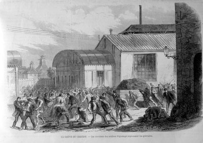 Creusot strejk. Arbetarna i omställningsbutikerna stöter bort de strejkande. Gravyr 1800-talet. av Unknown artist