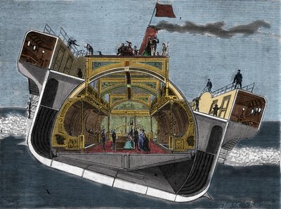 Tvärsnitt av en båt designad mot sjösjuka av Henry Bessemer (1813-1898). Gravyr 1800-talet. av Unknown artist