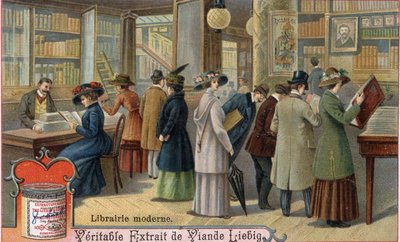 Kunder och bokhandlare i en modern bokhandel, sent 1800-tal. Kromolitografi, Liebig-bild. av Unknown artist