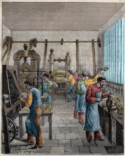 Besticktillverkningsverkstad (Posate) i Frankrike på 1800-talet. Gravyr från 1885 i "" Les arts et metiers illustres"" av Adolphe BITARD. av Unknown artist