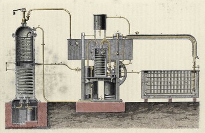 Kapning av Ferdinand Carres (1824-1894) industriella apparat för att göra is. Gravyr av 1800-talet av Unknown artist