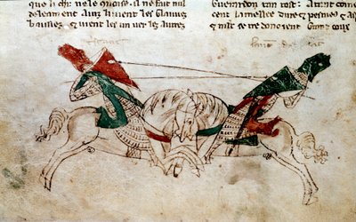Cykel av kung Arthur: "" Slaget om Lancelot och Tristan"" Miniatyr hämtad från "" Romanen av Meliadus de Leonnoys: tillsammans flera andra ädla riddarbragder av kung Arthur, Palamedes och Galliot de Pre"" av Rustichello (Rustiker, Rusticiano) o av Unknown artist