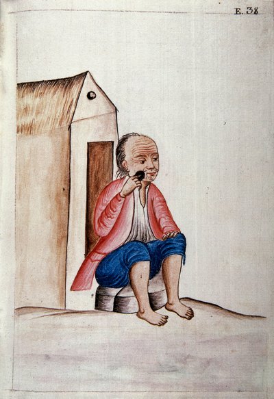 Perus dagliga liv och seder: "" Indier rakar sitt skägg på tröskeln "" Akvarell hämtad från boken "" Trujillo del Peru "" av Baltasar Martinez Companon y Bajanda, biskop av Trujillo (1782-1785). 1700-talets Madrid. Biblioteca del Palacio Real av Unknown artist