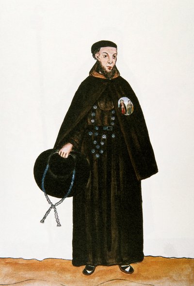 Perus dagliga liv och seder: "" representation av en munk av franciskanerorden "" Akvarell hämtad från boken "" Trujillo del Peru "" av Baltasar Martinez Companon y Bajanda, biskop av Trujillo (1782-1785). 1700-talets Madrid. Biblioteca del Palac av Unknown artist