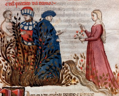 Dante möter Matelda (låt 28 från skärselden, i den gudomliga komedin) - miniatyr av Unknown artist