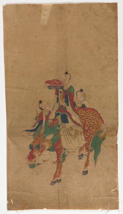 Daoist Immortal på en Qilin och två skötare av Unknown artist