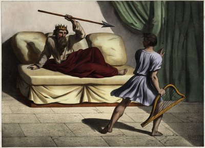 David spelade citar inför kung Saul för att blidka honom. Anonym gravyr från mitten av 1800-talet. av Unknown artist