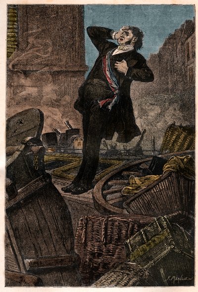 Alphonse Baudins (1811-1851) död på barrikaden av Faubourg Saint Antoine den 3/12/1851 under statskupp av Louis Napoleon III (Louis-Napoleon Bonaparte) - gravyr i "Histoire d