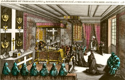 Kung Ludvig XIV:s död: Ludvig XIV:s bårhus (1638-1715), känd som kung Soleil, överlämnades till Versailles den 1/09/1715. Gravyr av 1700-talets privatsamling av Unknown artist