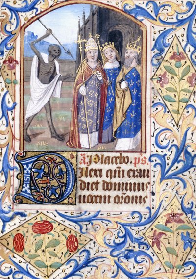 Döden med sitt spjut pekar mot tre figurer, en påve, en kung, en kung och en drottning, stående framför en gotisk kyrka, ca 1470 av Unknown artist