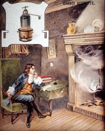 Denis Papin (1647 - 1714) uppfinner potten. (förfader till minutkokoten) 1800-talskromolitografi. av Unknown artist
