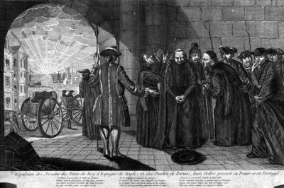 Deportation av jesviterna den 21/07/1773: Utvisning av jesviter från delstaterna kungen av Spanien, Neapel och hertigdömet Parma, deras order förbjudna i Frankrike och Portugal. Gravyr från början av 1800-talet av Unknown artist