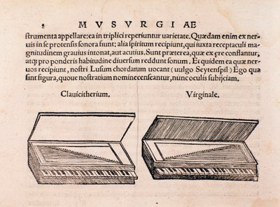 Beskrivning av cembalo och spinett. Sida från Musurgia eller Musical Practice av Unknown artist