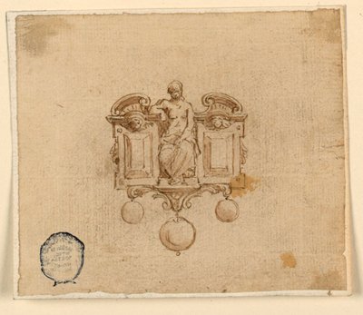 Design för brosch med kvinna i trasig pedimet av Unknown artist