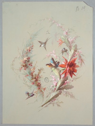 Design för tapeter och textil: Blommor och fåglar av Unknown artist