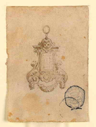 Design för ett hänge med bladvolutter och barnhuvud av Unknown artist