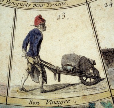 Detalj av spelet med Cree of Paris-gåsen: vinägerhandlare. Gravyr av 1700-talet. Coll. Lämnar. av Unknown artist