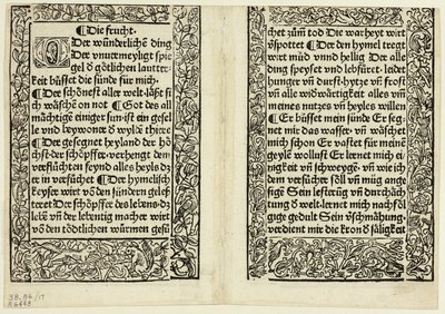 Andaktstexter med ornamentala kanter från Andächtig Zeitglöcklein des Leben und Leidens Christi, plansch 17 från Träsnitt ur böcker från 1400-talet av Unknown artist