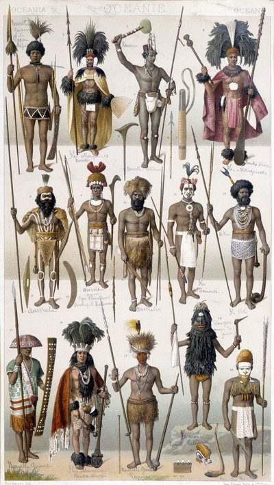 Olika kostymer av Warriors of Oceania. av Unknown artist