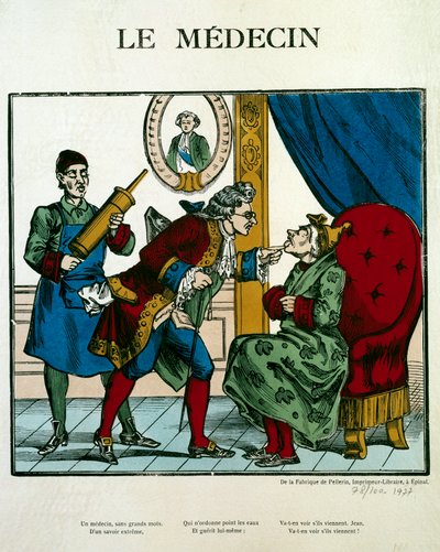 Doktorscen som representerar en läkare som undersöker en patient, hans assistent bakom honom håller en clyster. Gravyr av 1800-talets Paris, B.N. av Unknown artist