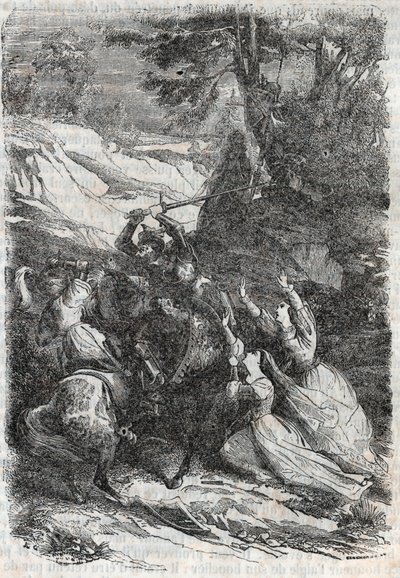 Doralice och Isabelle vill skilja Mandricard och Zerbin - gravyr från 1851 från "" Roland furieux"" av Unknown artist