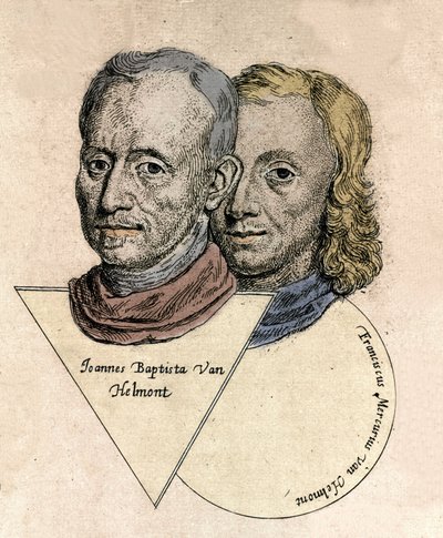 Dubbelporträtt av den belgiske kemisten Jean Baptiste van Helmont (Jan Baptist van Helmont) (1577-1644) och François Mercure van Helmont (1614-1699). Gravyr av Unknown artist