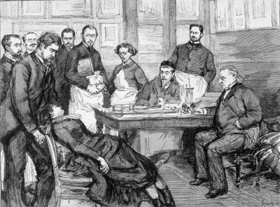 Dr Jean Martin Charcots erfarenhet av en patient vid skolan på det psykiatriska sjukhuset i Salpetriere. Charcot-Salpetriere bibliotek. av Unknown artist