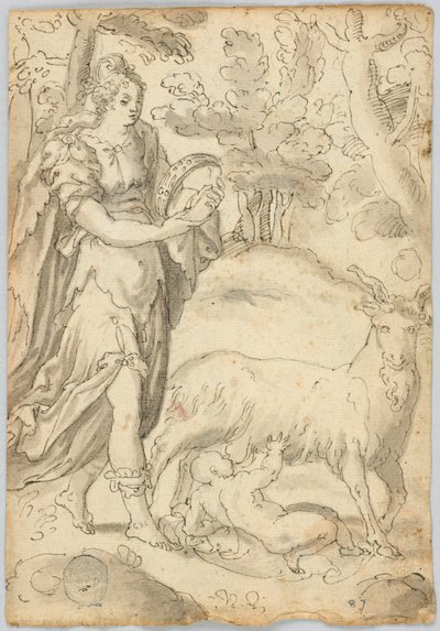 Ritning: A) Rhea och spädbarnet Jupiter. B) St Francis av Assisi av Unknown artist