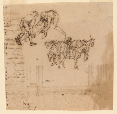 Ritning: A) Två män som bär en koffert; fyra mulor med en driver. B) Projekt för en ram av Unknown artist