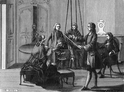 Dufay erfarenhet. Charles François Du Fay (Dufay?) (1698 - 1739), en fransk kemist och fysiker visade att elektriska gnistor kan dras från människokroppen. Gravyr från Vetenskapsalbumet. Frankrike 1800-talet. av Unknown artist