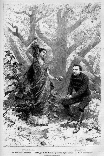Duo av tredje akten med sångerskan Marie van Zandt från operan "Lakme" av Leo Delibes, Edmond Gondinet och Philippe Gille uppträdde för första gången den 14 april 1883 på Opera Comique i Paris. Gravyr i "" Le Monde illustrious"" 1883. Privat kolle av Unknown artist