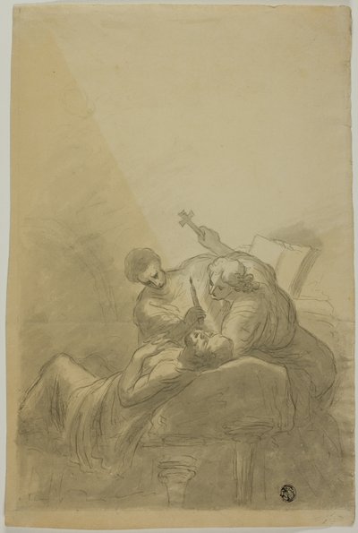 Döende man deltog av två figurer som håller ljus, bok och kors av Unknown artist