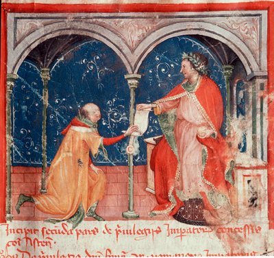 Kejsar Fredrik II av Hohenstaufen (1194-1250) avlade privilegier till staden Asti Miniature hämtad från "Codex Astensis" (eller Malabayla), krönikor om staden Asti mellan 1065 och 1353. 1300-talet. Bevara i borgmästaren i Asti av Unknown artist