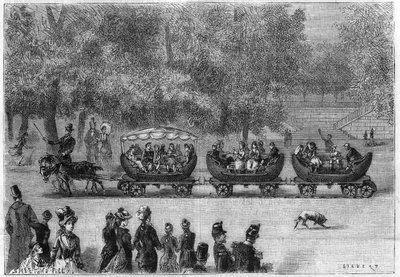 Ändlösa skenor anpassade till ett tåg av bilar dragna av getter i Tuilerierna i Paris (av naturen). Gravyr i "" La Nature: revue des sciences et de leurs applications aux arts et a l