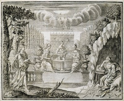 Gravyr som föreställer kvinnor som arbetar på en vävstol. Början av 1700-talet. av Unknown artist